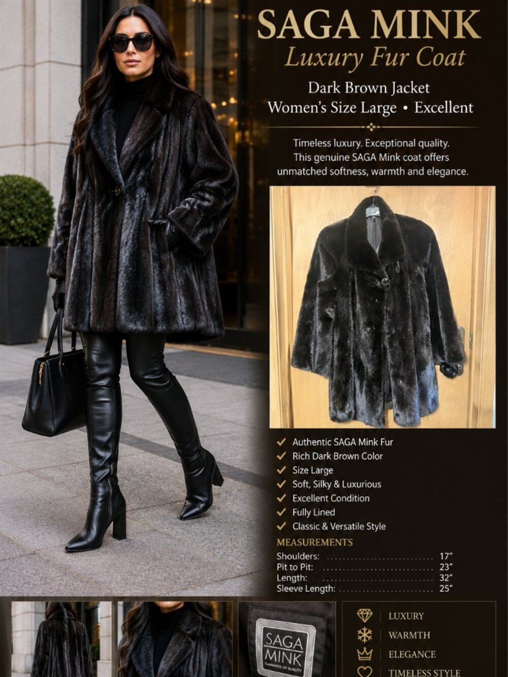 SAGA MINK Luxury Fur Coat – Dark Brown Jacket Women’s Size Large Excellent